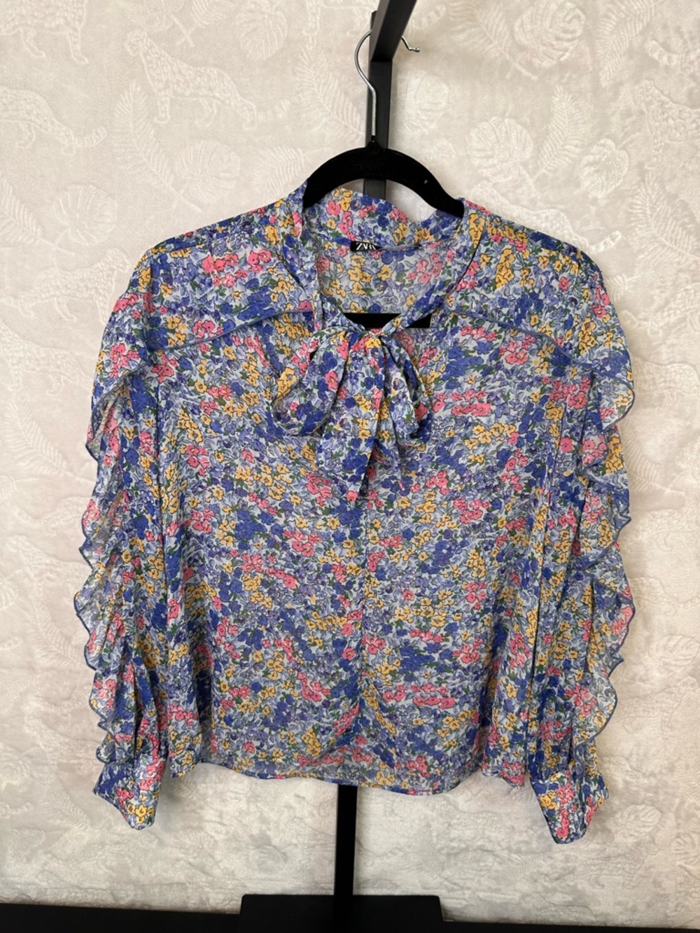 Zara Blue Floral Tie-Bow Ruffle Sleeve Blouse
